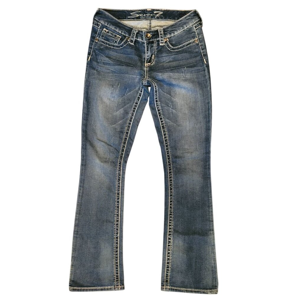 Seven7 Slim Bootcut Jeans Womens Size 4 Blue Denim Lightly Distressed Classic Fi